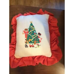 Finished completed cross stitch pillow Christmas Tree Vintage